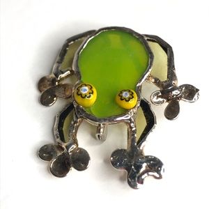 Frog Pendant Brooch Artisan Made Green Silver Tone